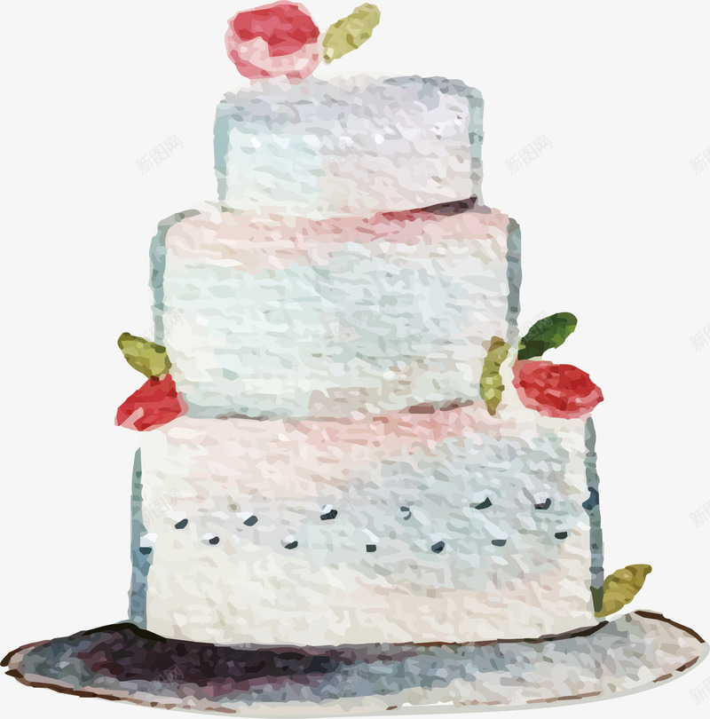 水彩蛋糕矢量图ai免抠素材_新图网 https://ixintu.com 三层奶油蛋糕 手绘 水彩 绿叶 花朵 矢量图