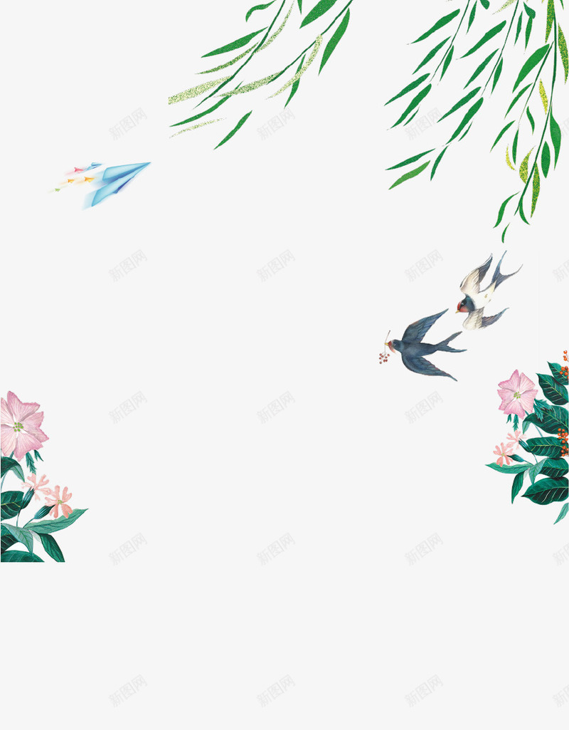 清新手绘创意春季海报png免抠素材_新图网 https://ixintu.com 创意设计 手绘 春天来了 树叶 海报 燕子 花朵