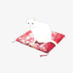 小白猫坐在红色花布上素材