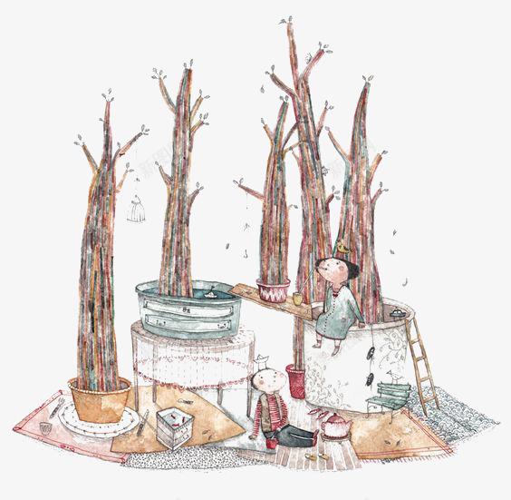 童话插画png免抠素材_新图网 https://ixintu.com 大树 家居 小女孩 手绘 涂鸦 盆栽 童话