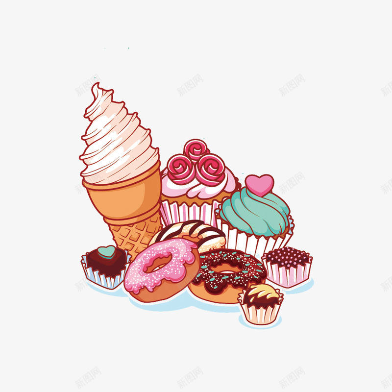 手绘甜食png免抠素材_新图网 https://ixintu.com 冰淇淋 手绘甜食 甜甜圈 蛋糕