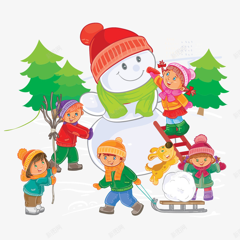 堆雪人的孩子们png免抠素材_新图网 https://ixintu.com 下雪 冬天 卡通 圣诞节 孩子 彩色 手绘 玩爽 雪人