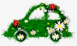 绿色花卉树叶小汽车装饰素材