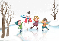 校园青少年活动冰天雪地里滑冰的雪人和小孩高清图片