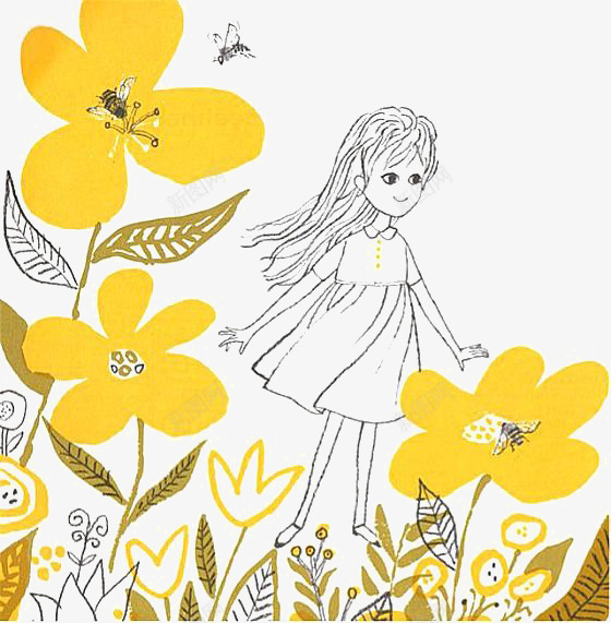 花丛里玩耍png免抠素材_新图网 https://ixintu.com 卡通 小女孩 手绘 抽象 插画 涂鸦 花丛 草地