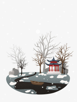 新年无素卡通冬季新年雪景中式建筑素矢量图高清图片