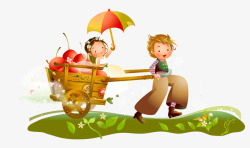 卡通手绘男孩女孩拉木板车雨伞素材