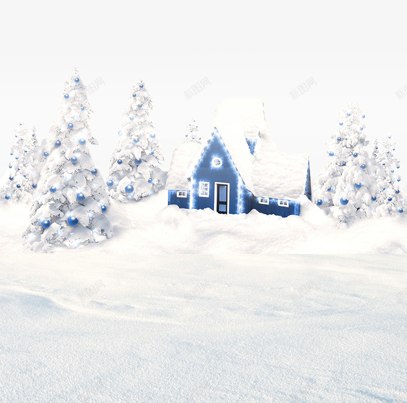 挂满雪的圣诞树psd免抠素材_新图网 https://ixintu.com 下雪 冬天 卡通 圣诞树 寒冷 房子 景色 球体 白色 结冰 蓝色 雪景 雪花