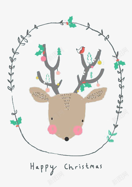 棕色圣诞小鹿和花环psd免抠素材_新图网 https://ixintu.com 圣诞节 礼物 节日 驯鹿