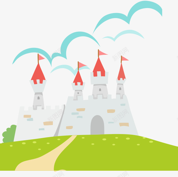 山上的城堡png免抠素材_新图网 https://ixintu.com 卡通 城堡 旗子 红色 绿草地