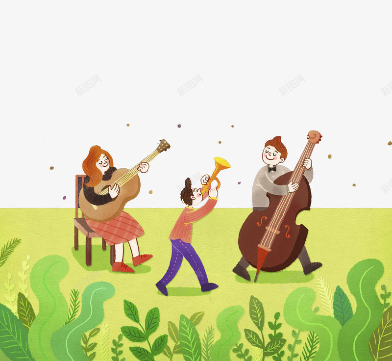 乐器演奏png免抠素材_新图网 https://ixintu.com 乐器 卡通 叶子 大提琴 手绘 植物 水彩 绿色 草地 音乐
