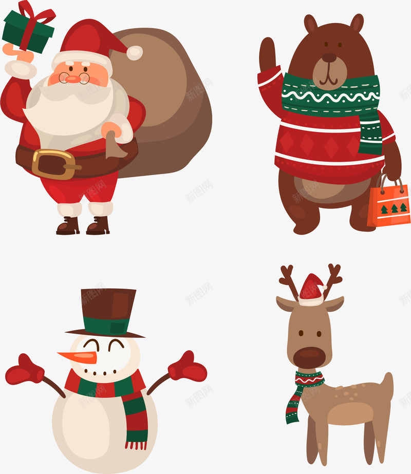 4款卡通圣诞角色矢量图ai免抠素材_新图网 https://ixintu.com 冬天 卡通 卡通圣诞 圣诞 圣诞老人 抓气球的熊 熊 矢量图 角色 雪人冬天 麋鹿