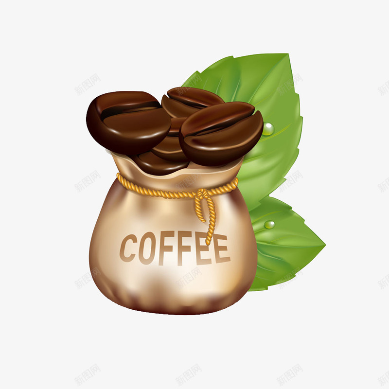 卡通咖啡豆png免抠素材_新图网 https://ixintu.com 卡通 咖啡豆 绿叶 袋子