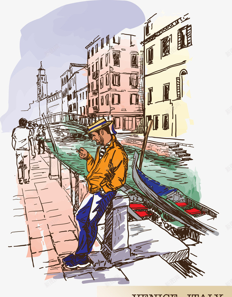 素描威尼斯男士和河道png免抠素材_新图网 https://ixintu.com 威尼斯 旅游 装饰