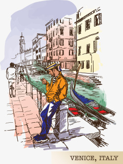 素描威尼斯男士和河道素材