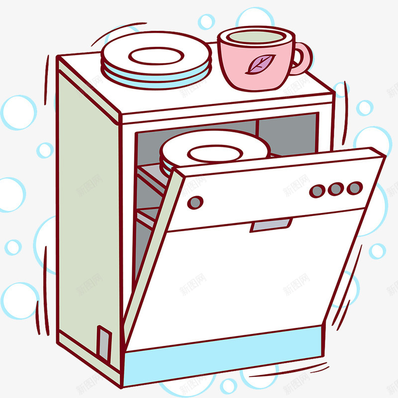 洗碗机插画png免抠素材_新图网 https://ixintu.com 厨卫电器 插画 洗碗机 碗柜