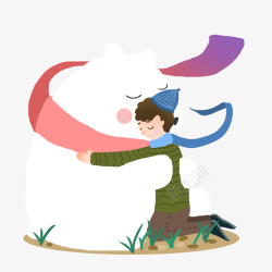 冬天白熊手绘卡通抱小熊的男孩高清图片