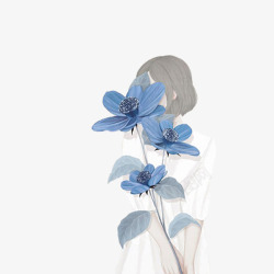手绘蓝色丝带编织花朵手拿蓝色鲜花的女人手绘插图高清图片