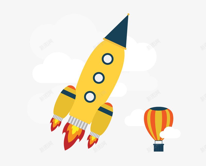 火箭和热气球png免抠素材_新图网 https://ixintu.com 云朵 卡通 手绘 橘色 火箭 热气球 蓝色 黄色