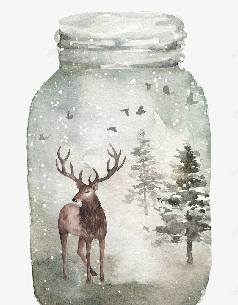 灰色麋鹿玻璃瓶手绘png免抠素材_新图网 https://ixintu.com 下雪 冬天 大雪 手绘 森林 水彩 瓶子 美丽