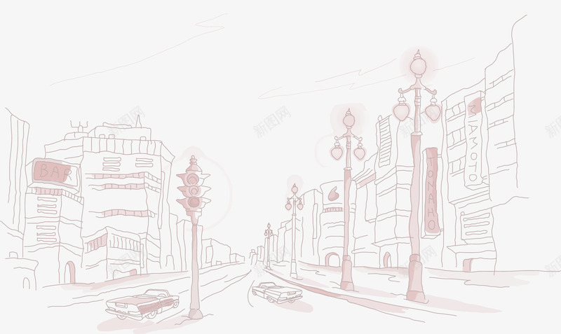 粉色线条漫画城市街道png免抠素材_新图网 https://ixintu.com 城市 漫画 粉色 线条 街道