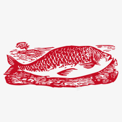 复古儿童乐园艺术图红色木刻鱼版画高清图片