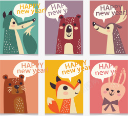 建议兔子头6款彩色动物新年快乐卡片素矢量图高清图片