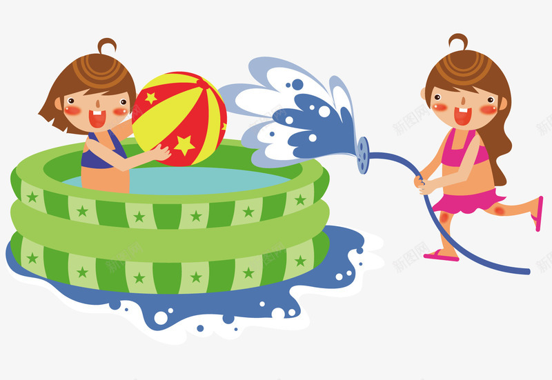 玩水的孩子们png免抠素材_新图网 https://ixintu.com 夏天 水管 粉色泳衣 红黄色的球 绿色的小型泳池 蓝色泳衣