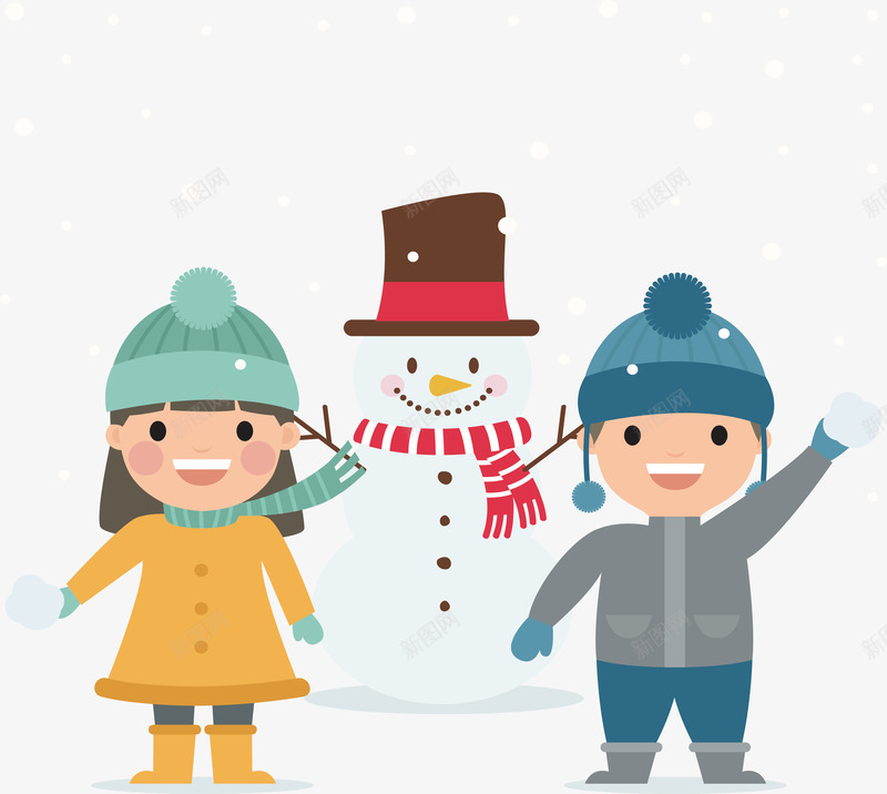 欢呼迎接冬天的人png免抠素材_新图网 https://ixintu.com 两个孩子 可爱孩子 堆雪人 暖冬 欢呼的人 矢量png
