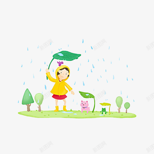 穿雨衣的女孩png免抠素材_新图网 https://ixintu.com 小女孩 绿色的 草地小动物 雨水 雨衣 黄色的