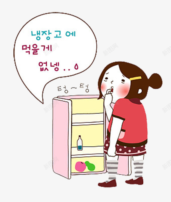 开冰箱的女生png免抠素材_新图网 https://ixintu.com 冰箱 水果 瓶子 红色上衣 苹果 裙子 韩语文字 食物