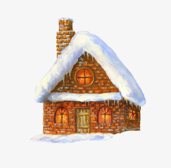 砖房冬天下雪天里亮灯的童话小屋高清图片