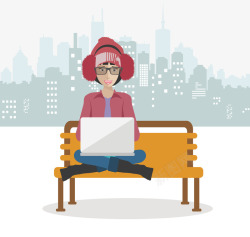 冬天长椅坐在长椅上玩电脑的女孩矢量图高清图片