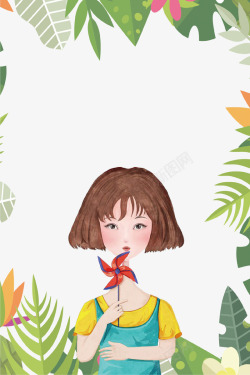 卡通手绘春季女孩插画素材