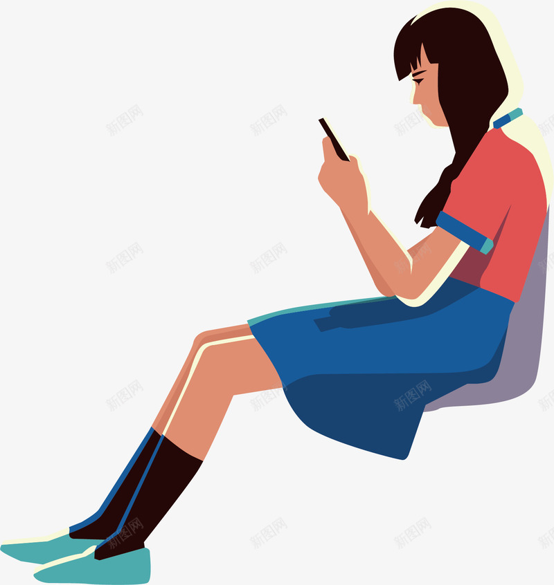 坐着玩手机的女孩矢量图ai免抠素材_新图网 https://ixintu.com 坐着的小朋友 女孩 座椅 形象 玩手机 矢量图 红色 蓝色 裙子