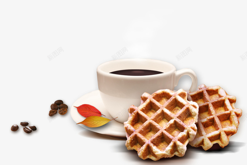 咖啡和华夫饼psd免抠素材_新图网 https://ixintu.com waffle 早餐佳品 早餐咖啡 树叶 白色咖啡杯 黄色华夫饼 黑色咖啡豆