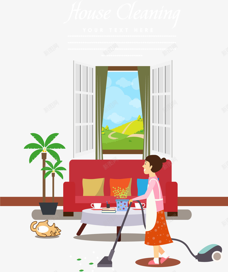 做家务的妈妈png免抠素材_新图网 https://ixintu.com 做家务 吸尘器 大扫除 宠物猫 打扫卫生 矢量素材