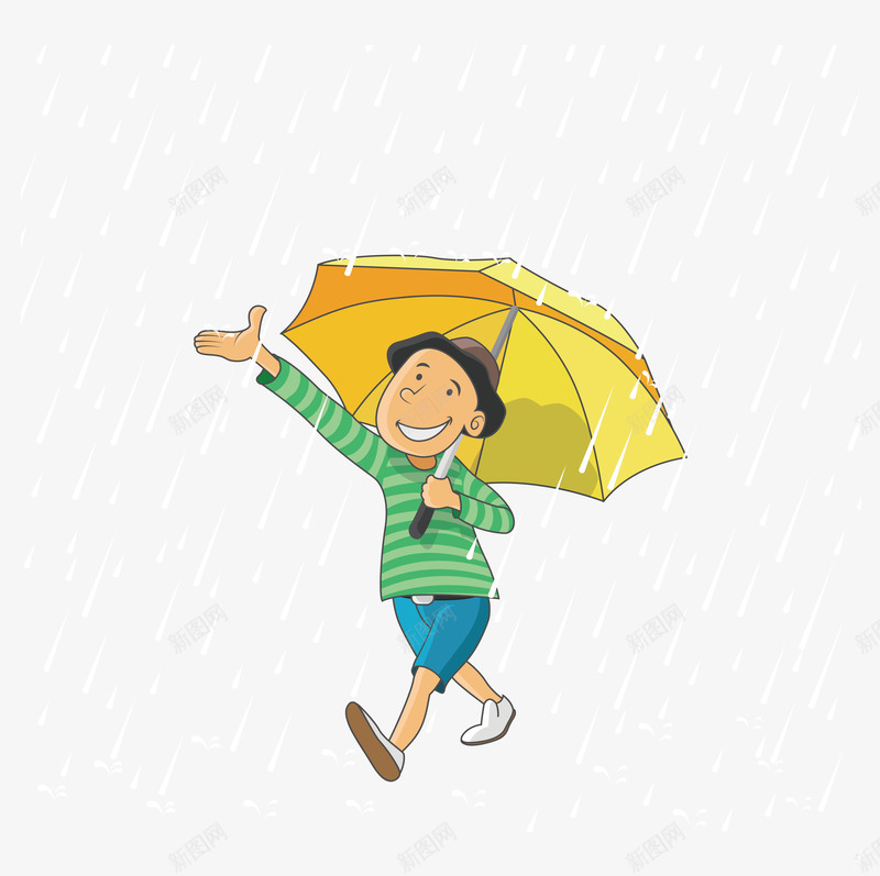 打折雨伞的男孩png免抠素材_新图网 https://ixintu.com 开心的男孩 白色雨点 矢量png 黄色雨伞