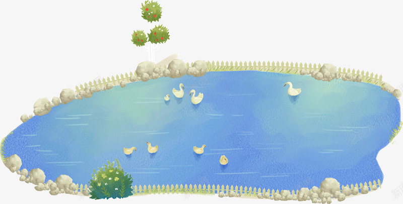 手绘创意蓝色水池png免抠素材_新图网 https://ixintu.com 卡通手绘 可爱 水彩 水池 绿色 草地鸭子 蓝色 鸭子