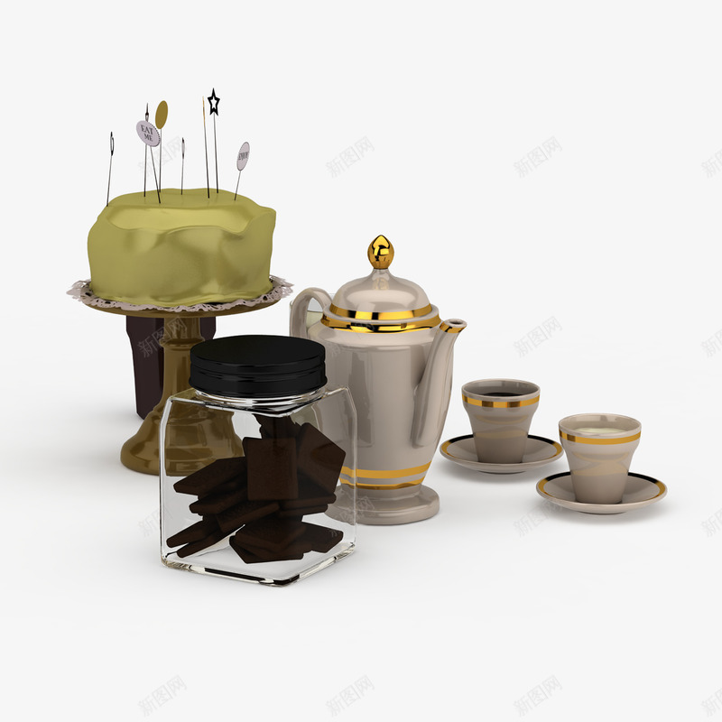 欧式厨房装饰设备png免抠素材_新图网 https://ixintu.com 厨房设备 杯子 杯托 欧式厨房装饰设备 瓷制厨房设备 白色茶壶 蛋糕 西方茶壶