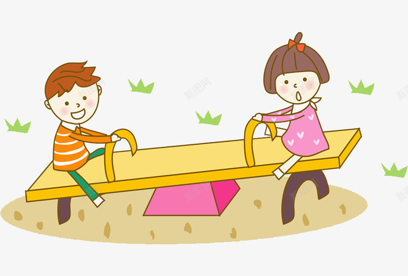 玩跷跷板的孩子png免抠素材_新图网 https://ixintu.com 可爱 女孩 学生 孩子 植物 男孩 绿色 草地 跷跷板