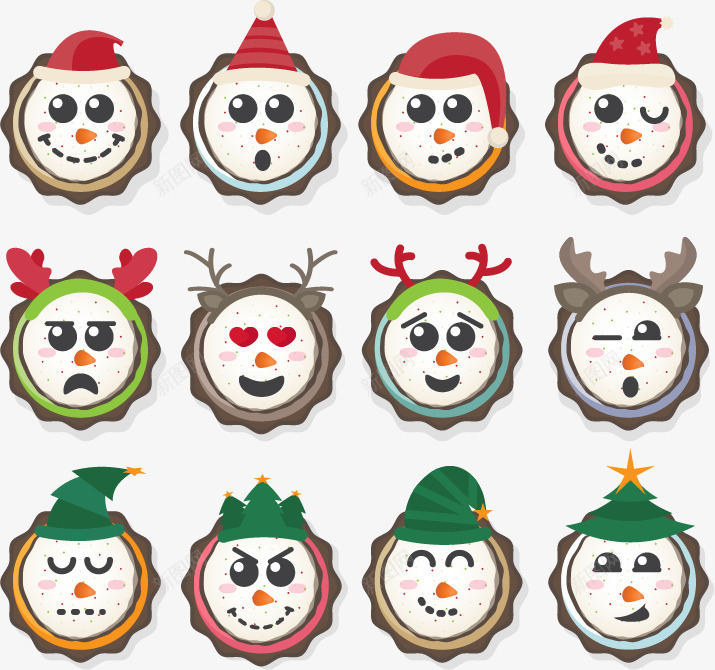 十二种表情的雪人png免抠素材_新图网 https://ixintu.com 圣诞帽 矢量可编辑 鹿角