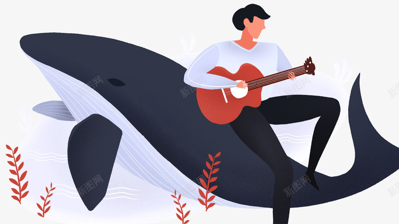 卡通手绘坐在海豚上弹吉他的psd免抠素材_新图网 https://ixintu.com 上弹吉他的男人 免抠卡通手绘坐在海豚上弹吉他的男人免费下载 免抠男人 卡通 坐在海豚 手绘 红色的海草