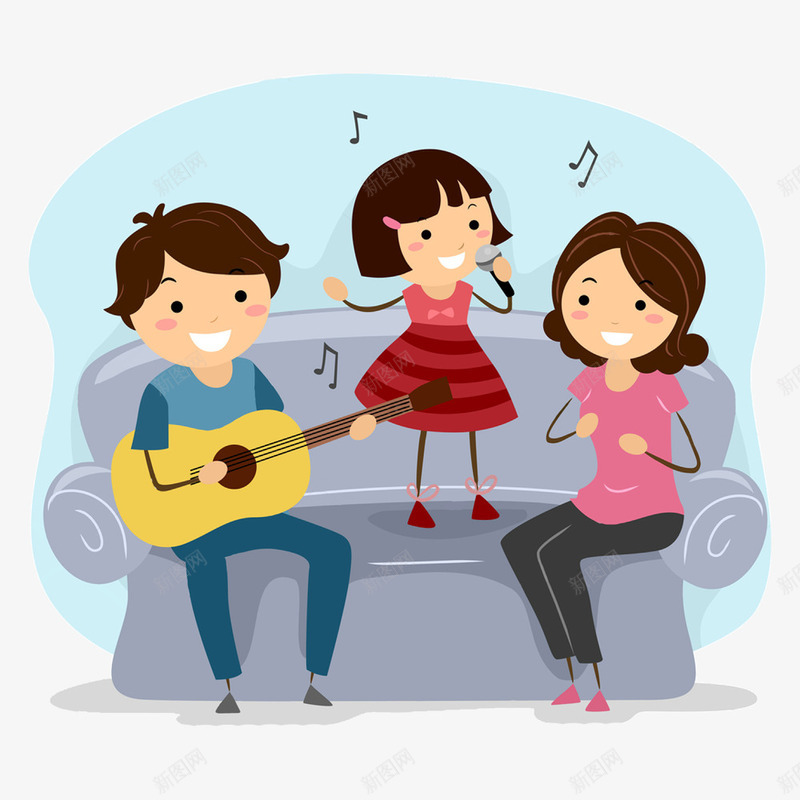 孩子唱歌给父母听png免抠素材_新图网 https://ixintu.com 合奏 吉他 女孩 孩子 孩子唱歌 家里 弹奏 拍手 插画 母亲 沙发 爸爸 音符