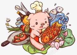 拿着鱼的厨师中国风手绘猪插画高清图片