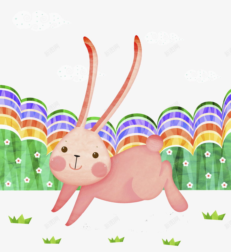 粉色兔子png免抠素材_新图网 https://ixintu.com 兔子 印花 可爱 小草 微笑 手绘 短小尾巴 粉色 背景 长耳朵