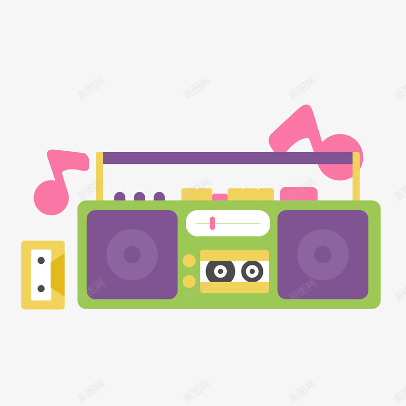 卡通收音机png免抠素材_新图网 https://ixintu.com 卡通收音机 磁带 粉色音符 绿色收音机 背景装饰