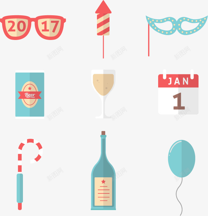 九个派对元素png免抠素材_新图网 https://ixintu.com 新年快乐 气球 矢量素材 酒杯 面具