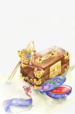 古代首饰盒唯美古风水彩插画高清图片