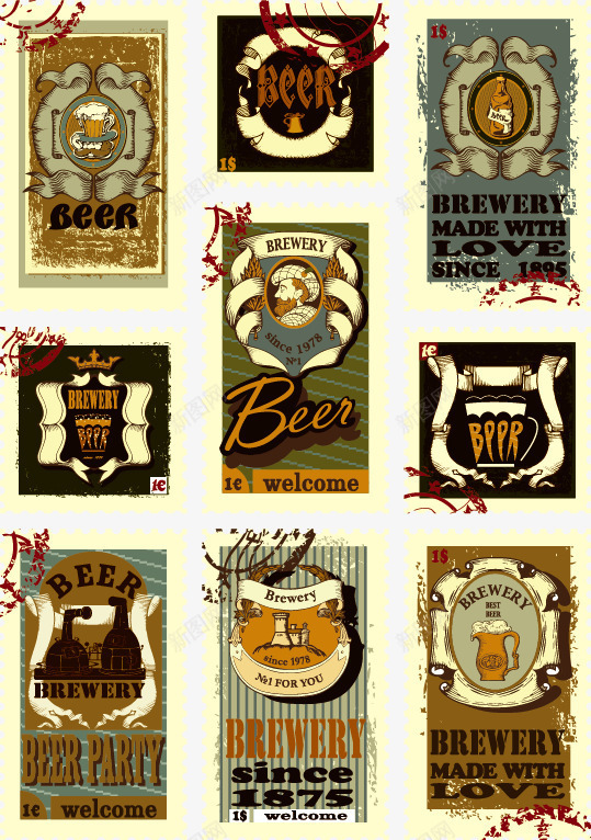 9款复古啤酒邮票矢量图eps免抠素材_新图网 https://ixintu.com 啤酒素材 复古邮票 邮票 邮票矢量 矢量图